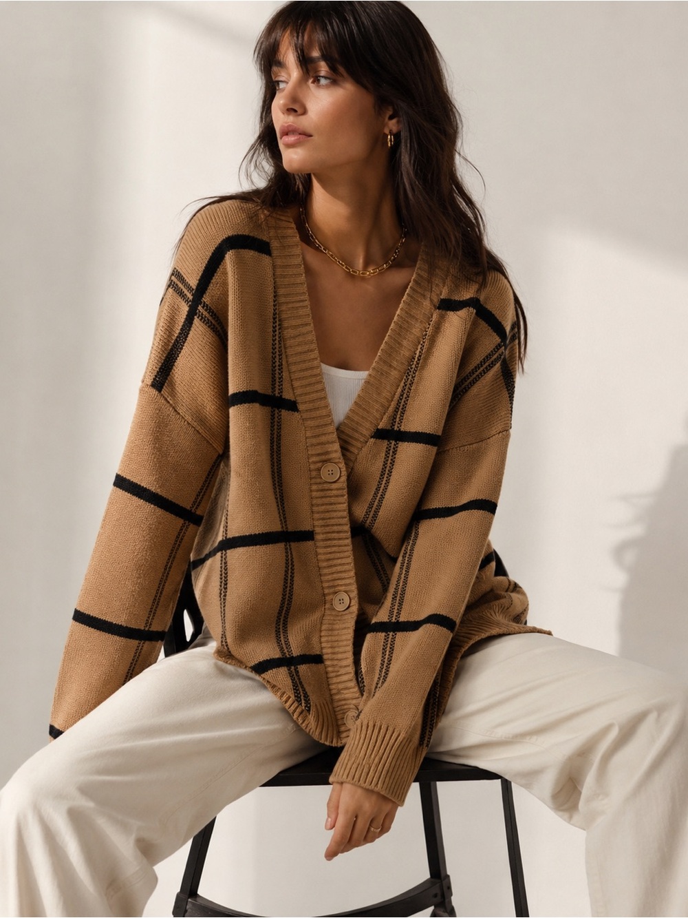 Oak + Fort Camel Black Plaid Oversized Cardigan Sweater S